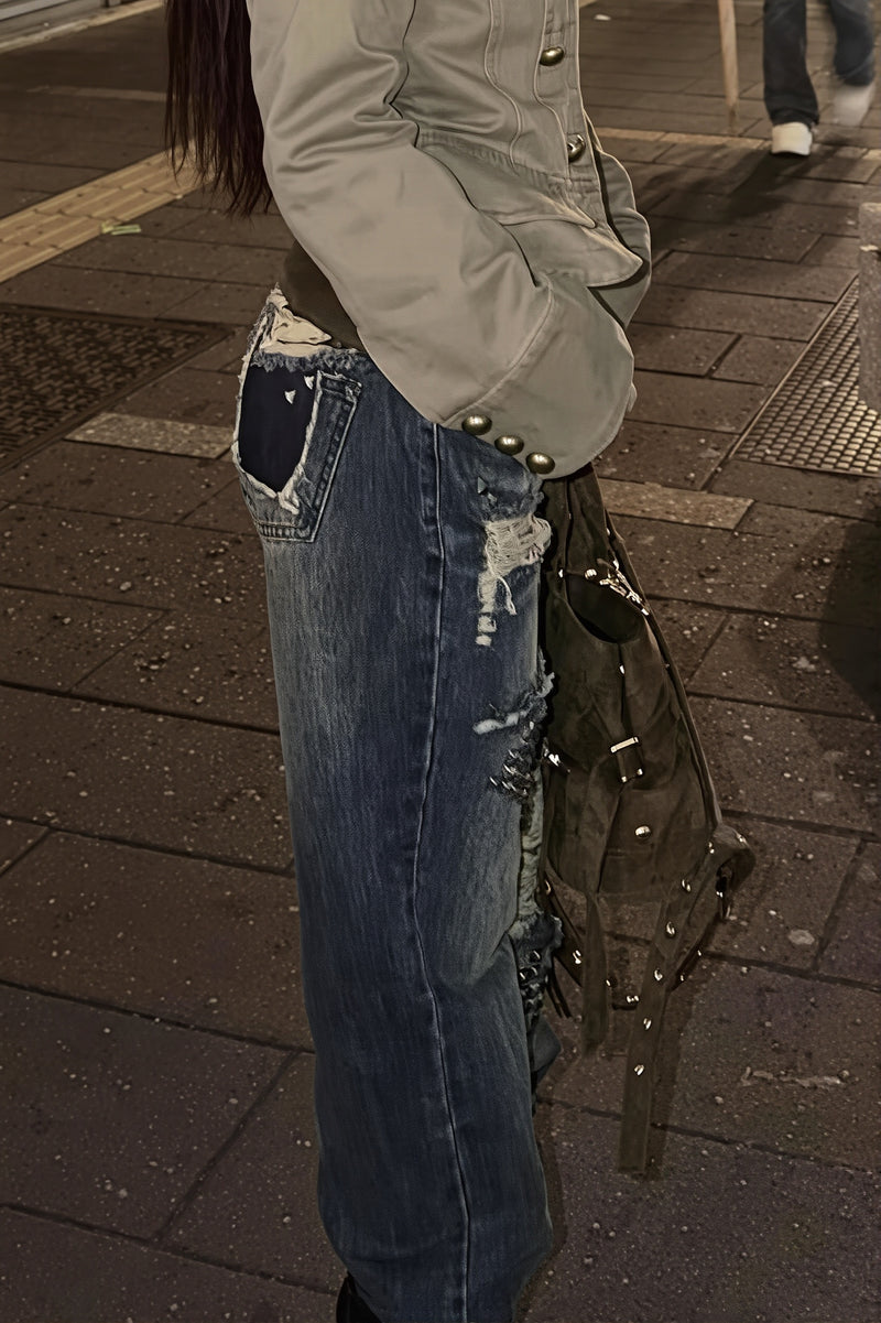 Rivet Spliced Ripped Vintage Washed Jeans