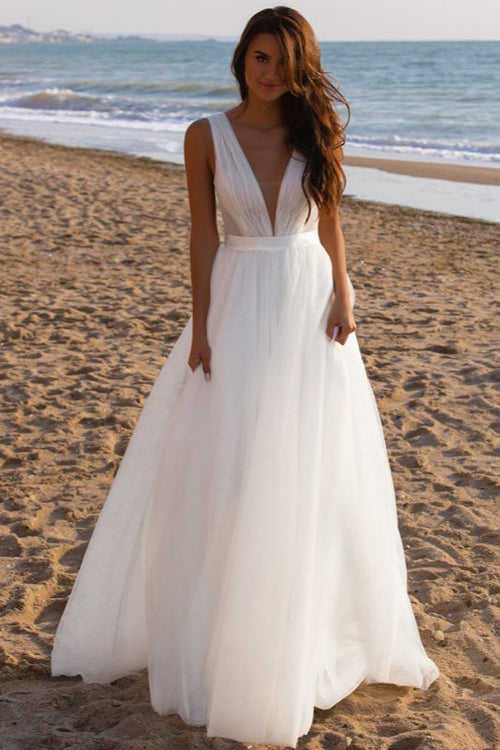 Elegant Minimalist Deep V Backless Reception Dress