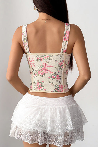 Floral Print Boned Cross Tie Bow Tank Top