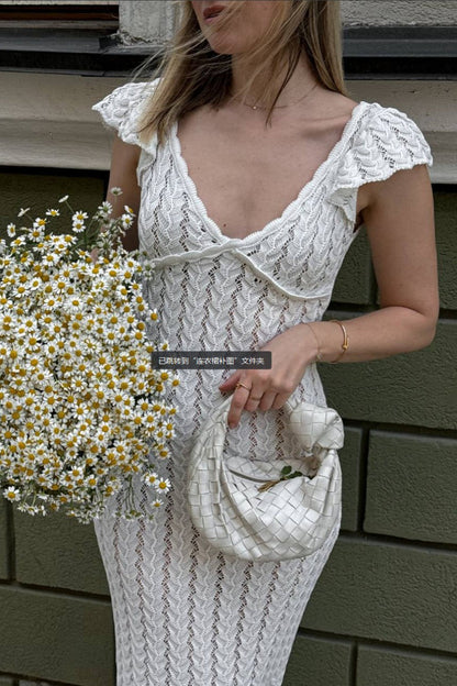 French Ruffle V Neck Knit Pastoral Maxi Dress