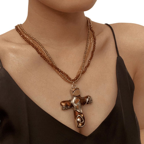 Gothic Cross Multi Layer Beaded NeckLace