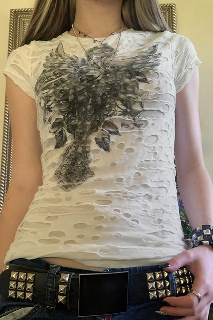Gothic Dark Print Ripped Slim T-shirt