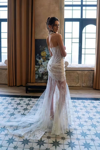 Lace Boned Bandeau High Slit Asymmetrical Reception Dress