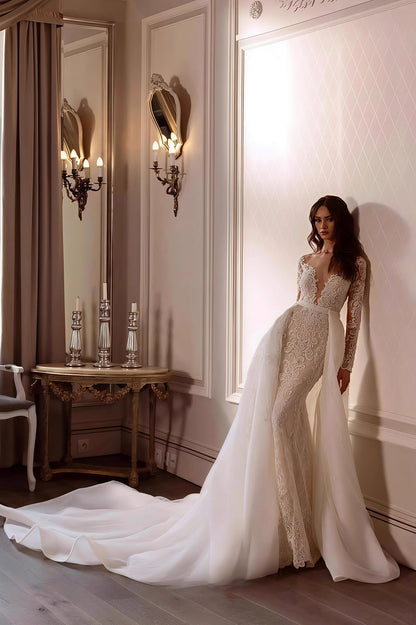 Lace Deep V Mermaid Detachable Train Wedding Dress