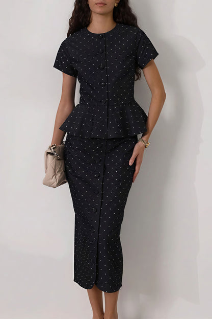 Polka Dot Print Short Sleeve Bodycon Skirt Set