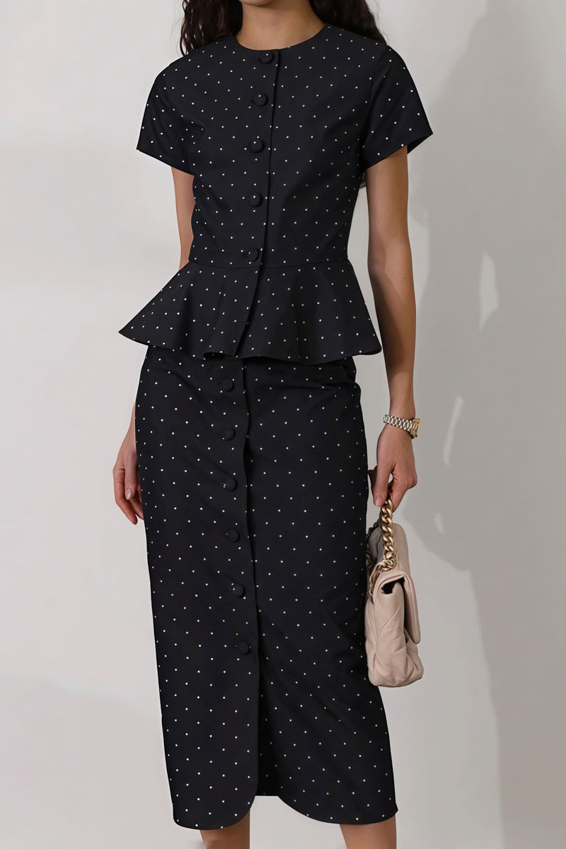 Polka Dot Print Short Sleeve Bodycon Skirt Set