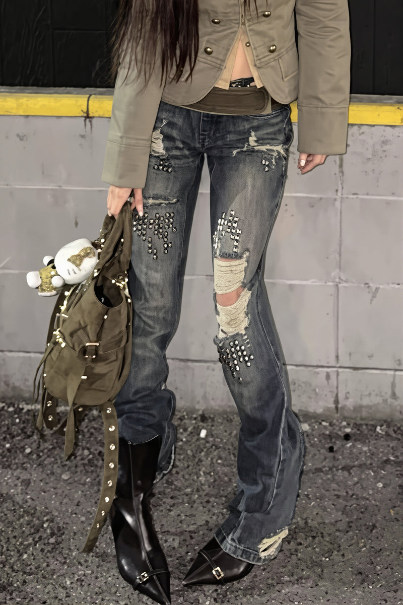 Rivet Spliced Ripped Vintage Washed Jeans