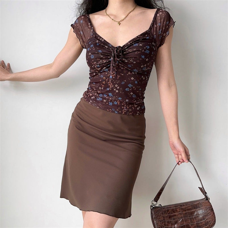 Ruched Floral V Neck Slim Sexy Blouse