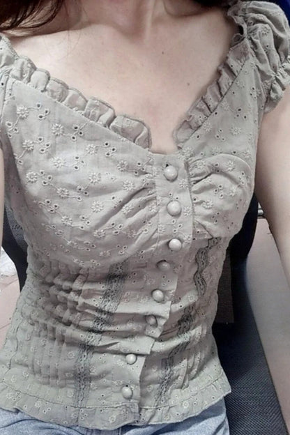 Ruched Low Neck Button Ruffled Lace Tank Top