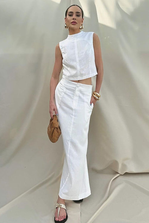 Simple Linen Cotton Sleeveless Slit Skirt Set