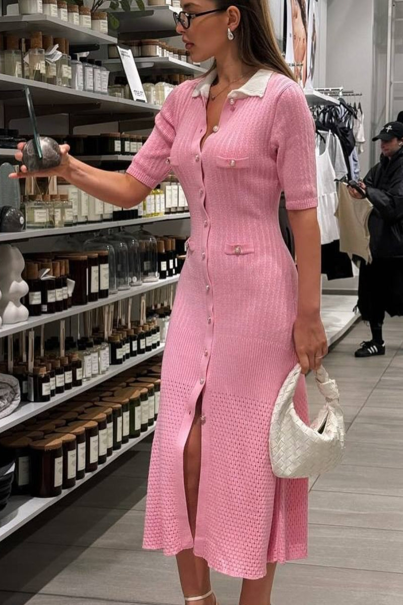 Single Breasted V Neck Knitted Slit Peter Pan Collar Midi Dress