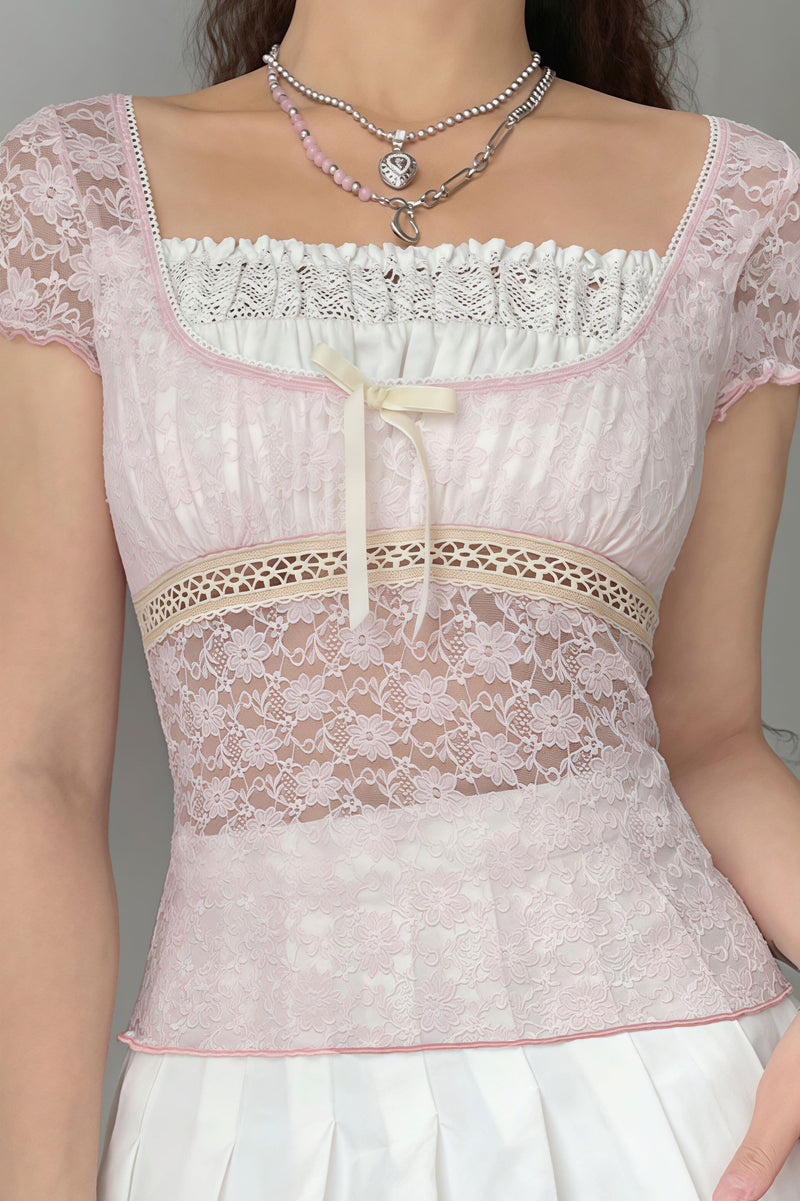Square Neck Lace Spliced Tie Slim Blouse