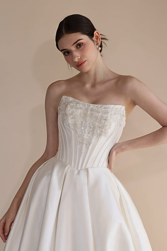 Strapless Boning Rhinestone Satin Wedding Dress