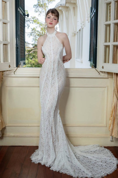 Vintage Lace Off Shoulder Mermaid Train Reception Dress