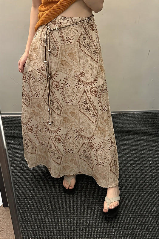 Vintage Print Beaded Belt A Line Maxi Skirt