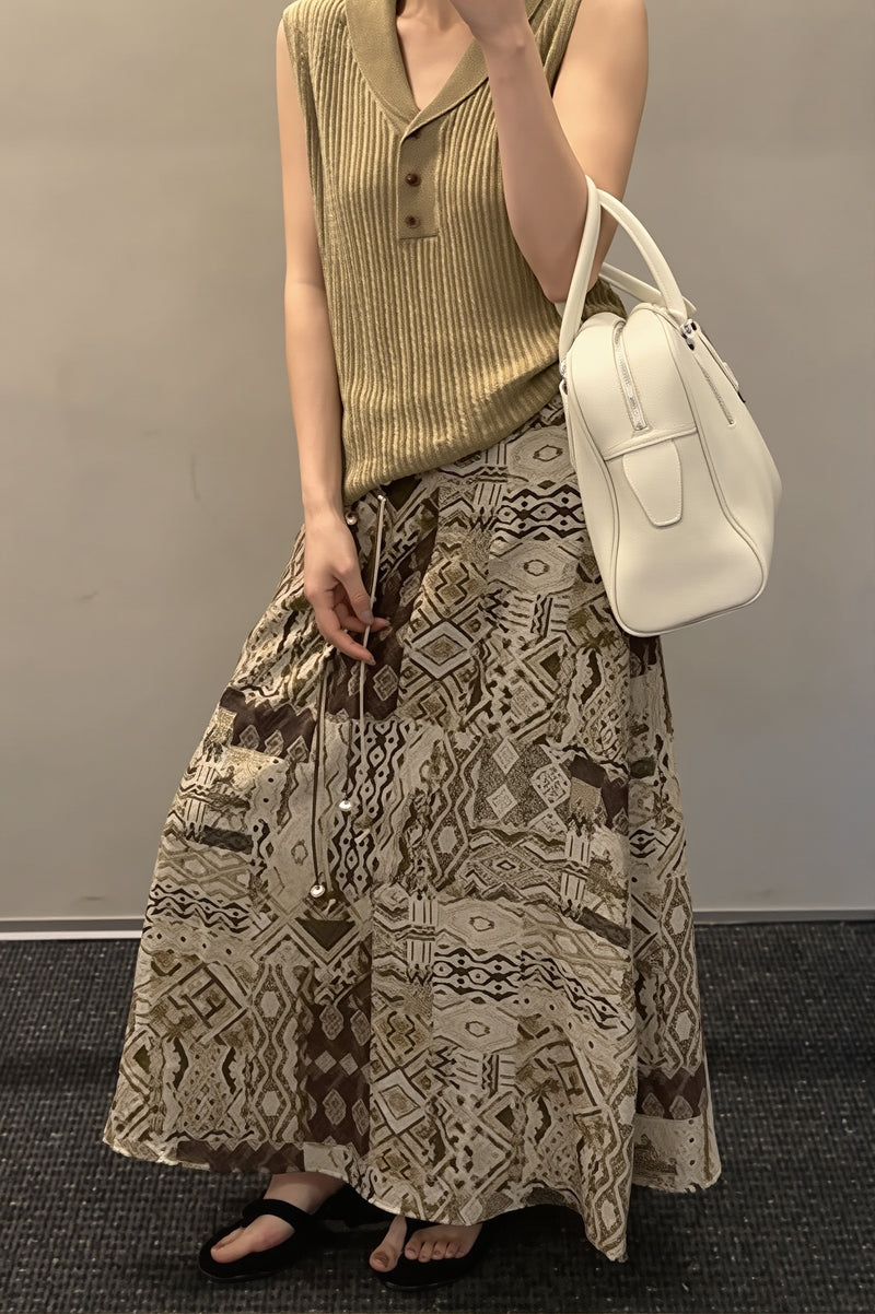 Vintage Print Beaded Belt A Line Maxi Skirt