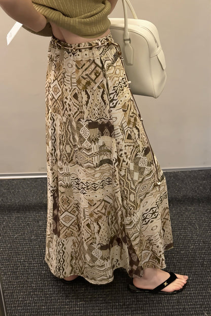 Vintage Print Beaded Belt A Line Maxi Skirt