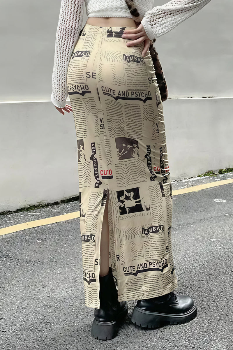 Y2K Vintage Newspaper Split Skirt